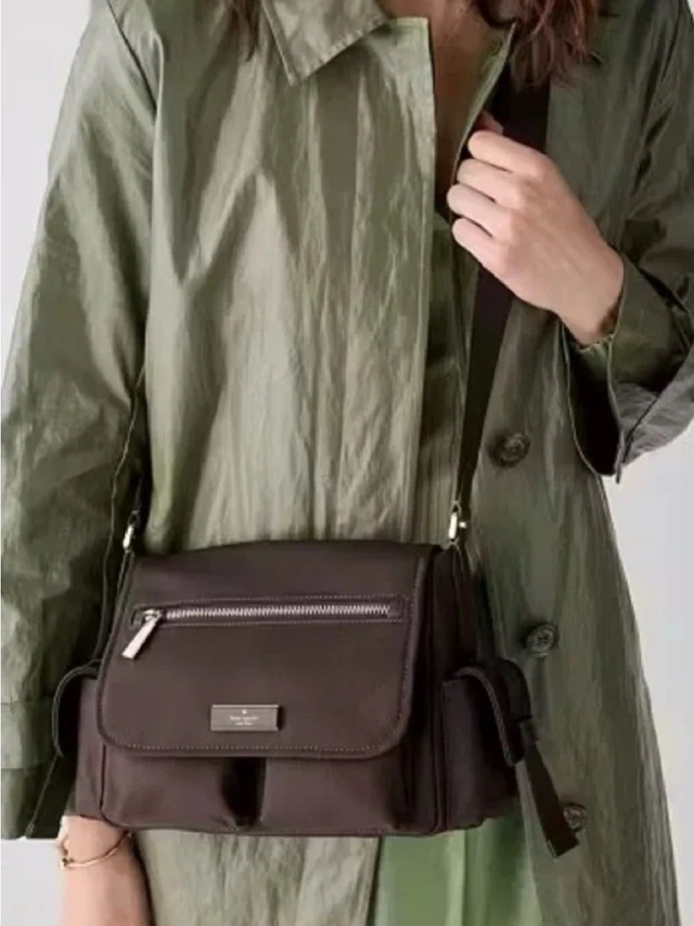 kate spade dark brown messenger bag with silver hardware